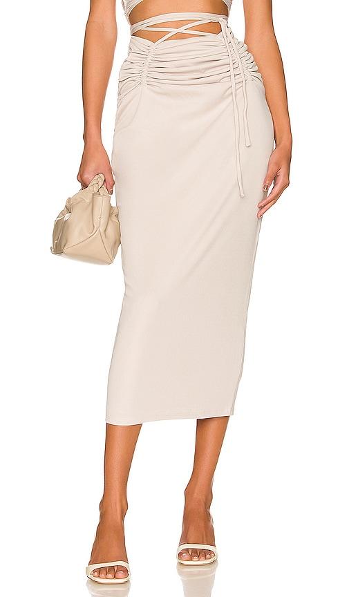 nbd aviana midi skirt in beige.