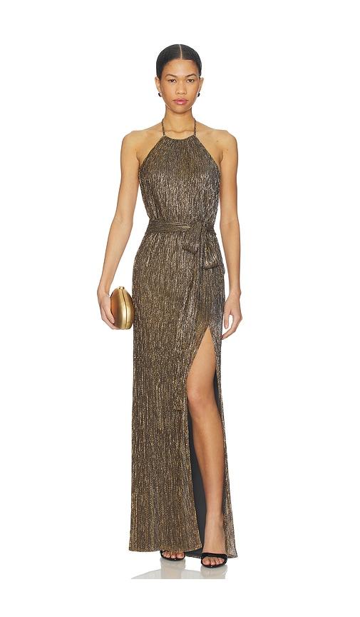 nbd celine gown in metallic gold.