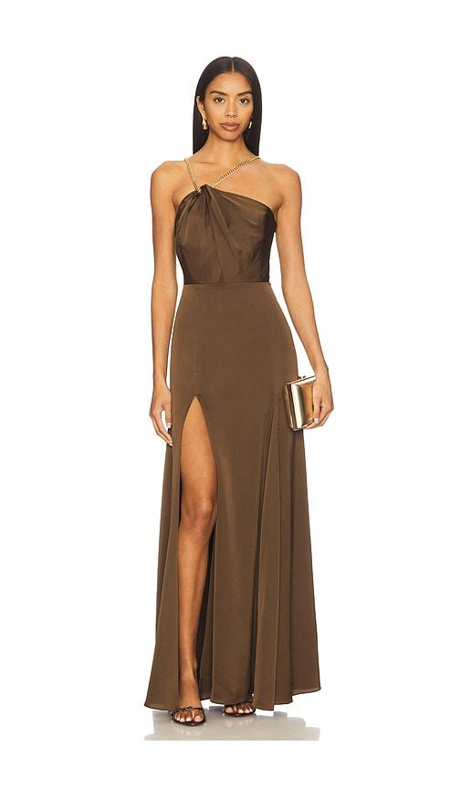 nbd clara gown in brown.