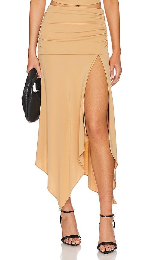 nbd emaline midi skirt in tan.