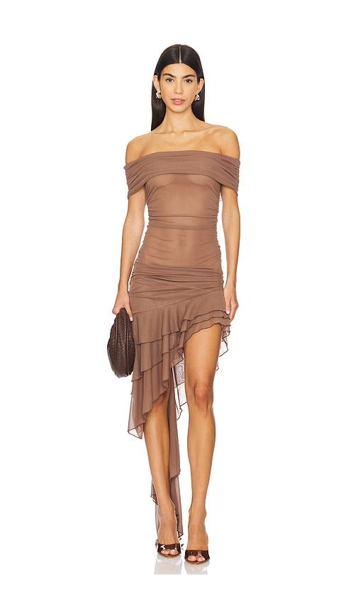 nbd fernanda high low dress in brown.