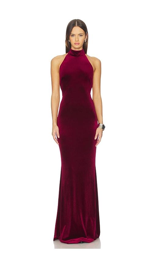 nbd gal gown in burgundy.