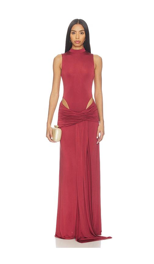 nbd imari gown in burgundy.