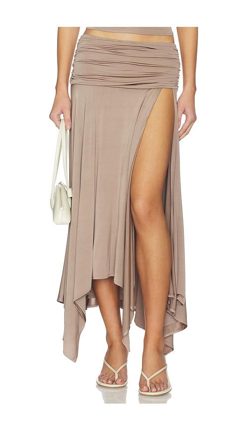 nbd niya midi skirt in taupe.
