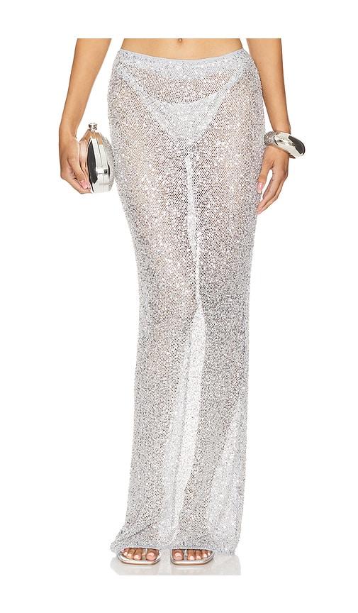 nbd shanti maxi skirt in metallic silver.