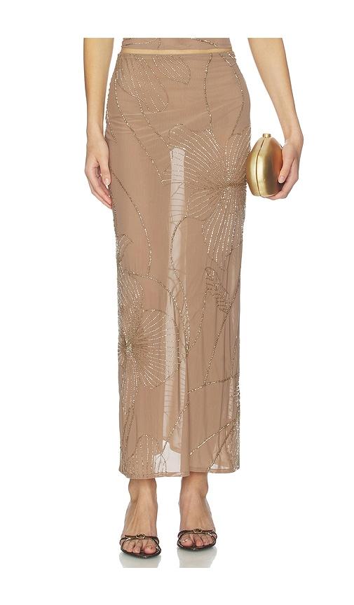 nbd tanuja maxi skirt in taupe.