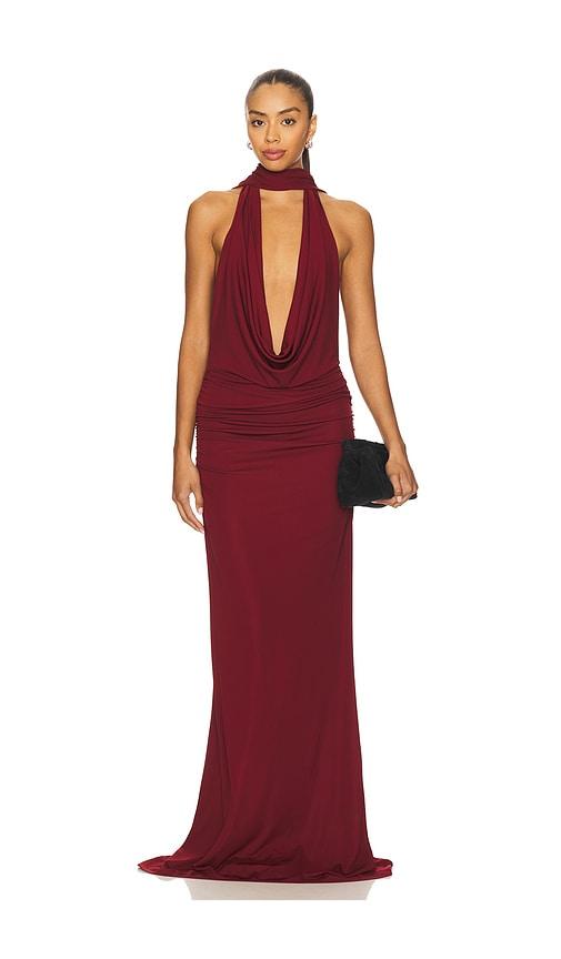 nbd the lisha gown in burgundy.