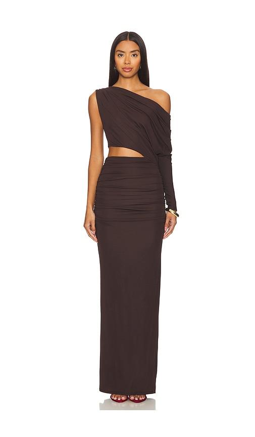 nbd yahaira maxi dress in brown.