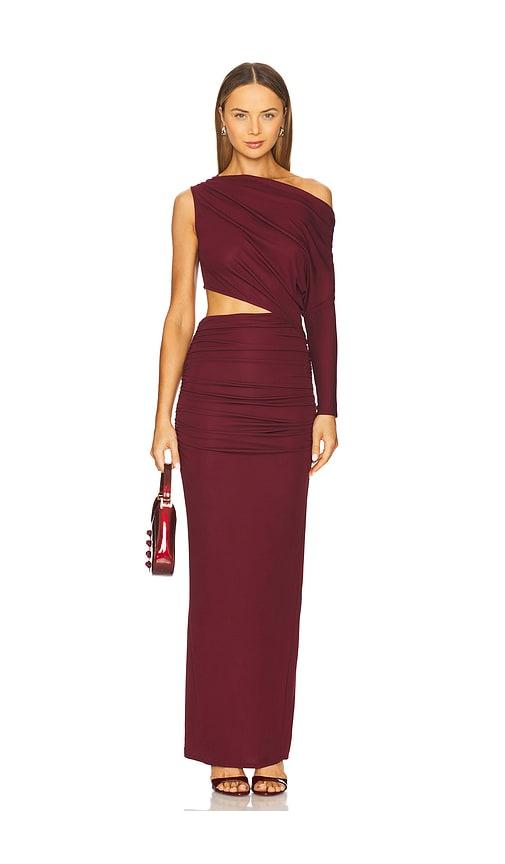 nbd yahaira maxi dress in burgundy.