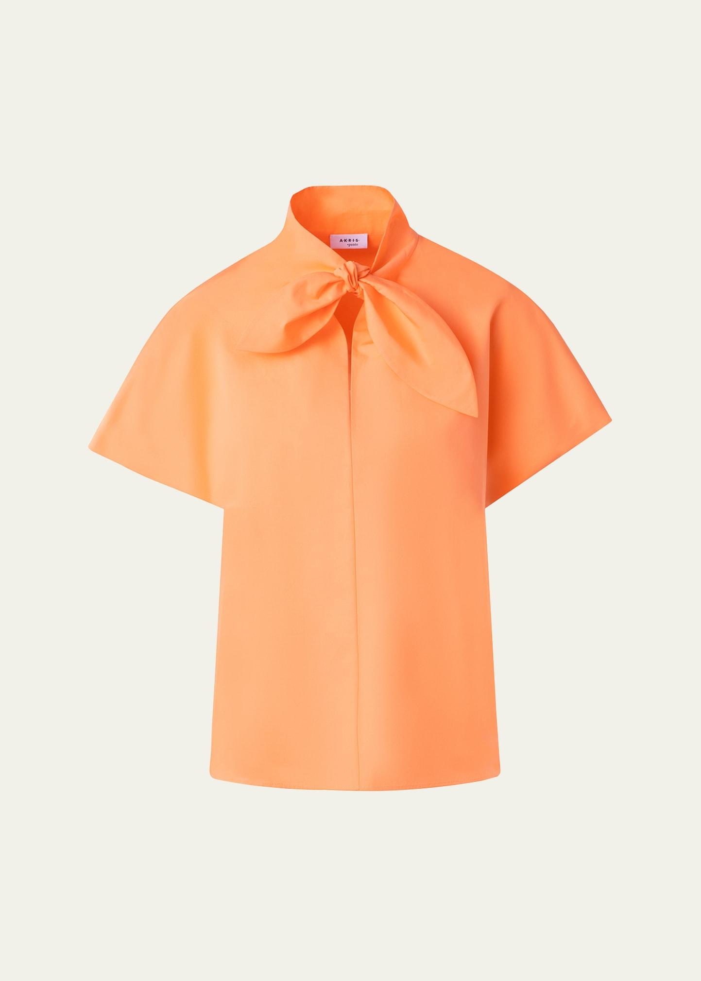 neck-tie cap-sleeve cotton poplin blouse