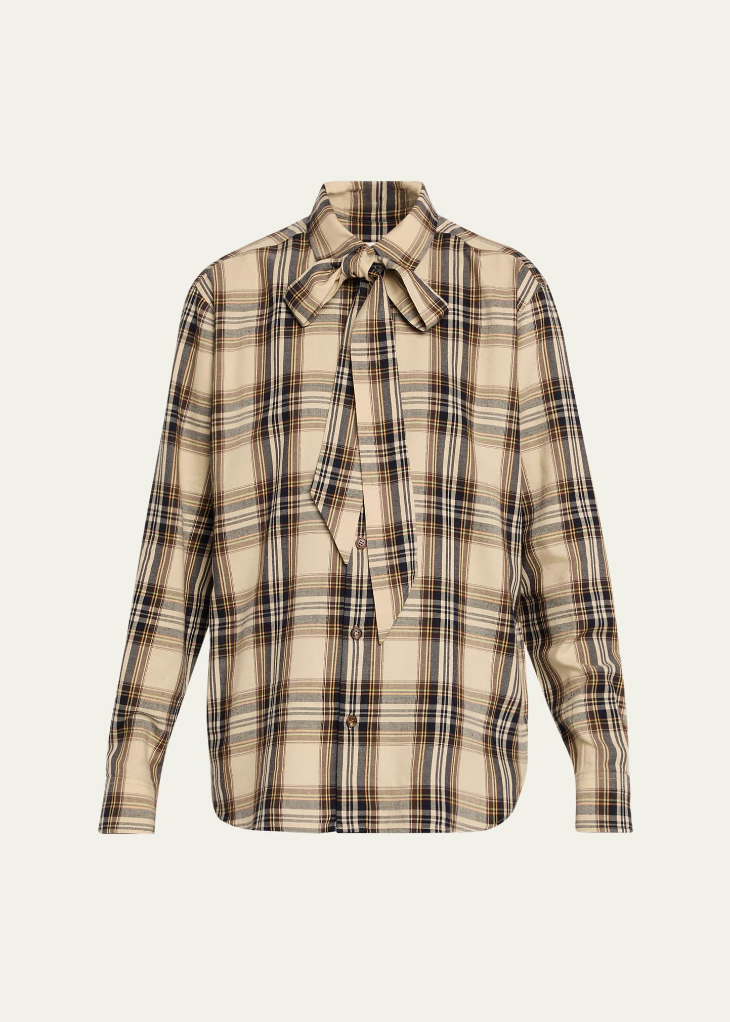 neck-tie plaid button-down blouse