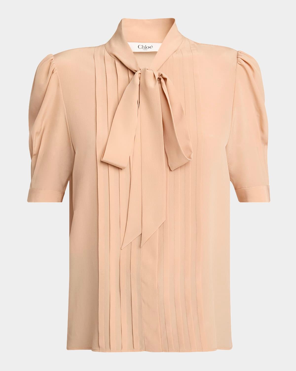 neck-tie pleated puff-sleeve silk top