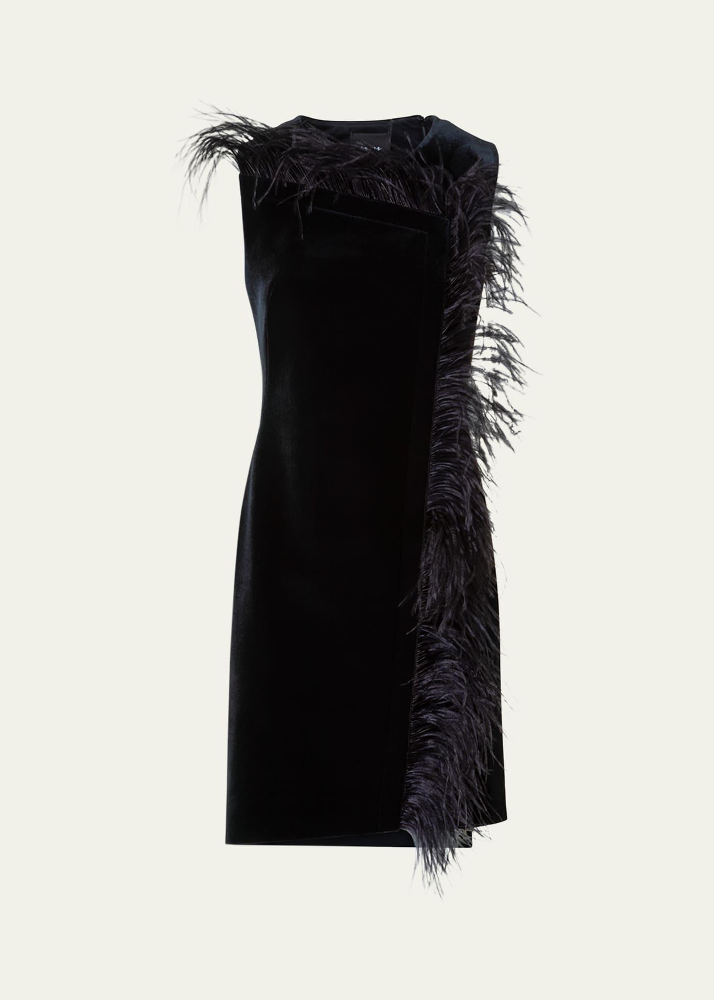 neoprene velvet feather-trim asymmetric mini dress