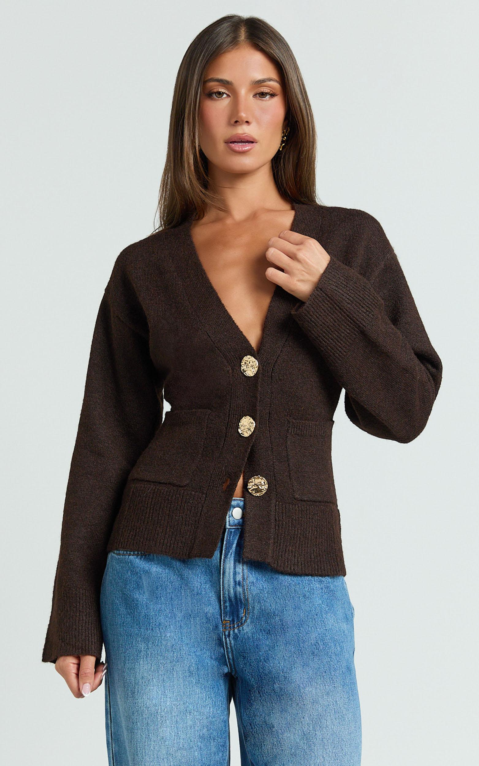 nerissa cardigan - v neck recycled knit contoured cardigan in chocolate