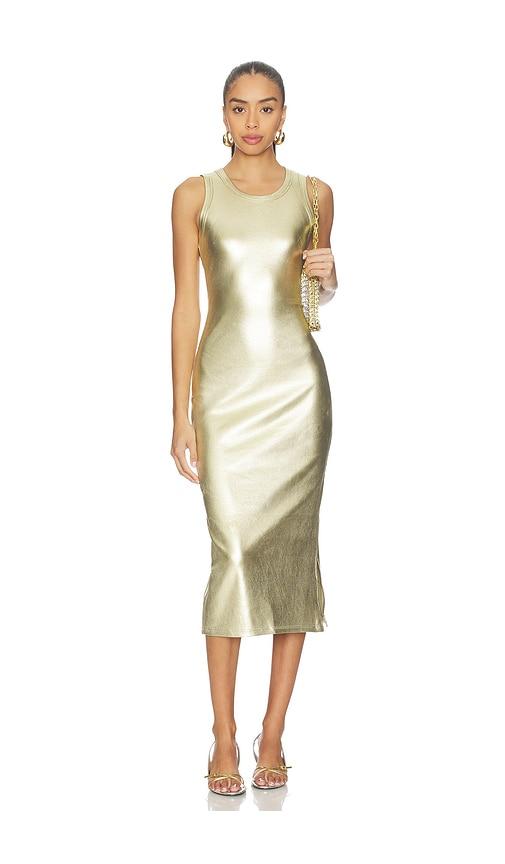 never fully dressed gold metallic ribbed dress in metallic gold.