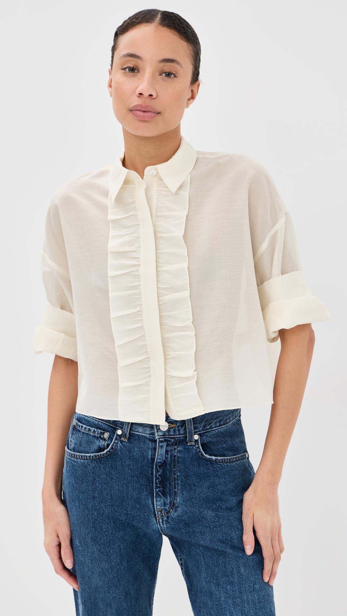next ex ruffle button down top
