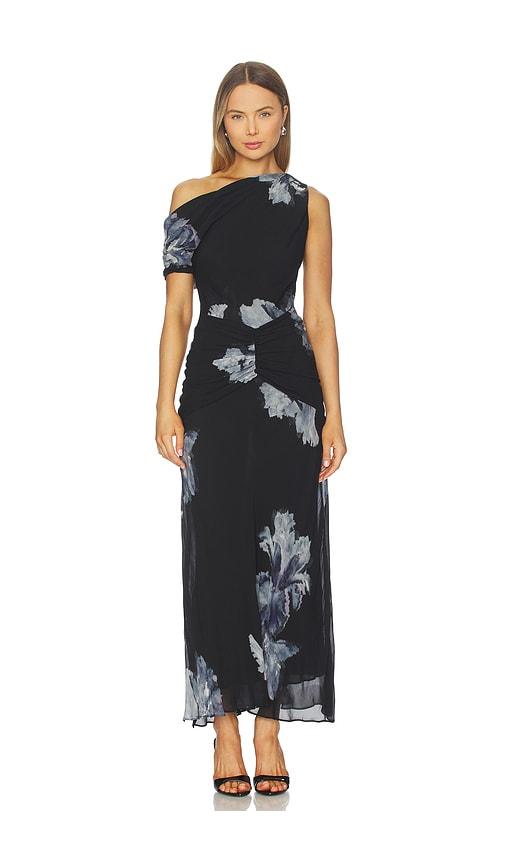 nicholas elza off shoulder panelled midi dress in multi.