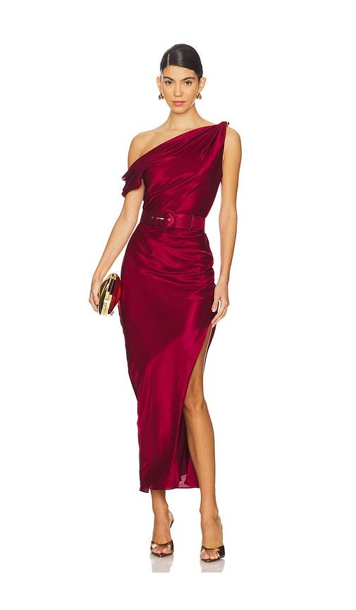 nicholas halle off the shoulder dress in burgundy.
