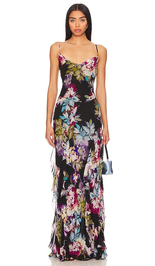 nicholas kamila ruffle cowl gown in black.