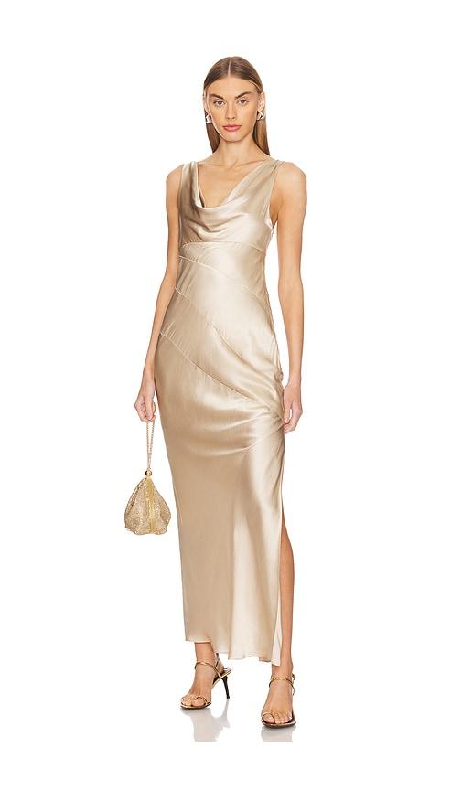 nicholas sally cowl neck maxi dress in metallic neutral.