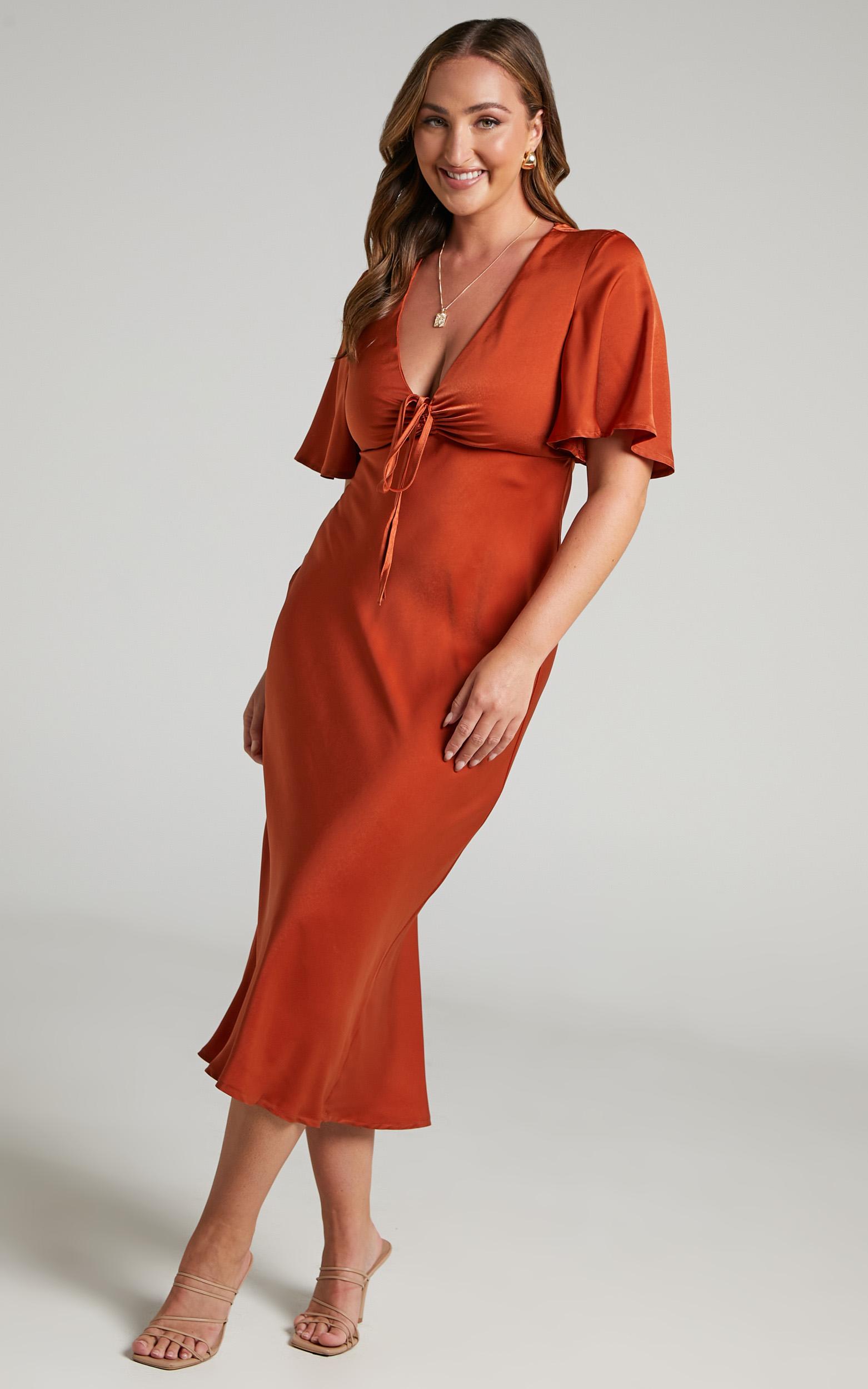nicholla midi dress - ruched front angel sleeve slip dress in copper