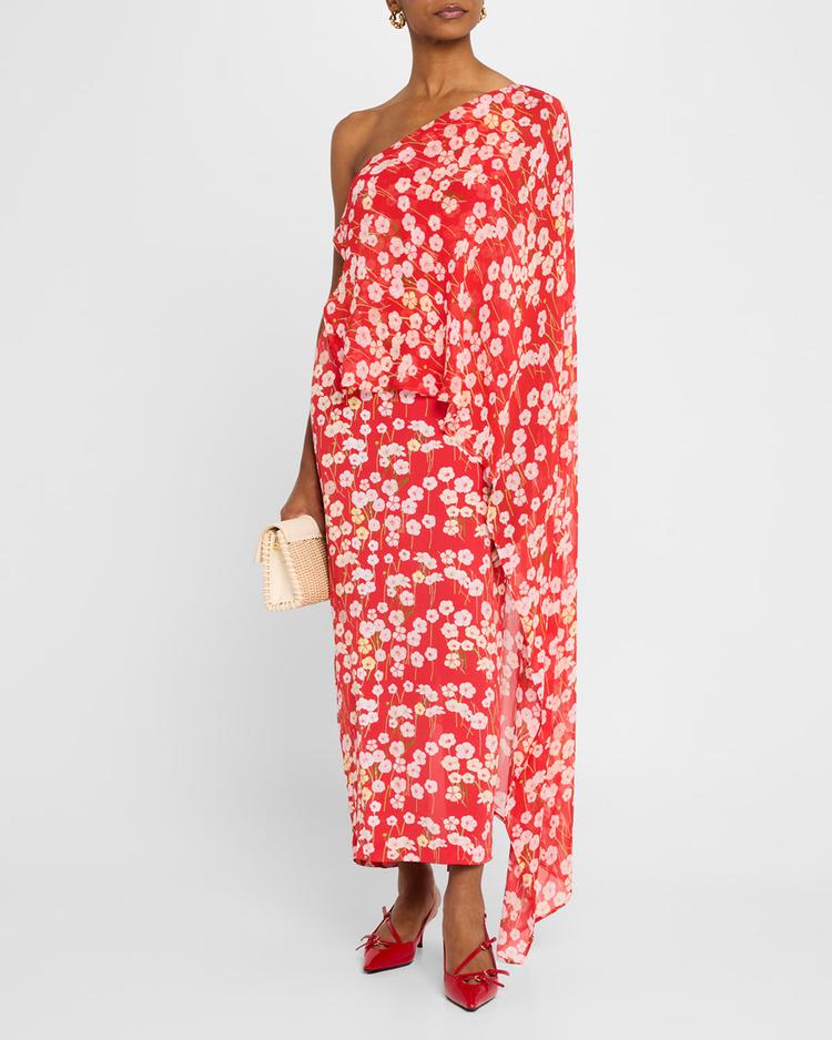 nick floral one-shoulder poncho ankle dress