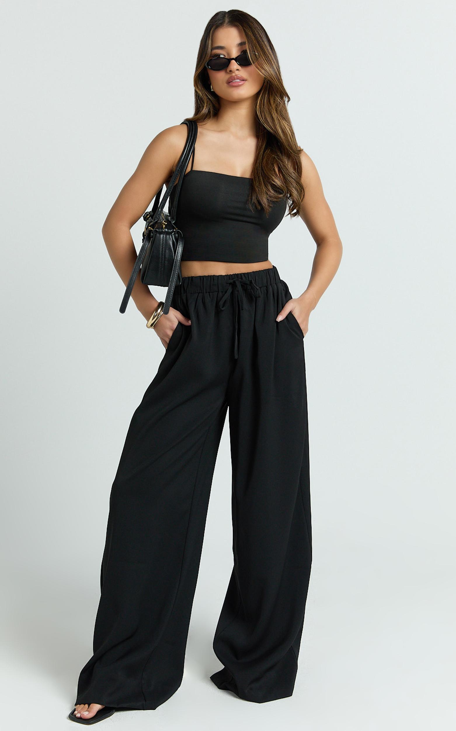 nicole pants - high waist elasticated gathered waist wide leg pants in black