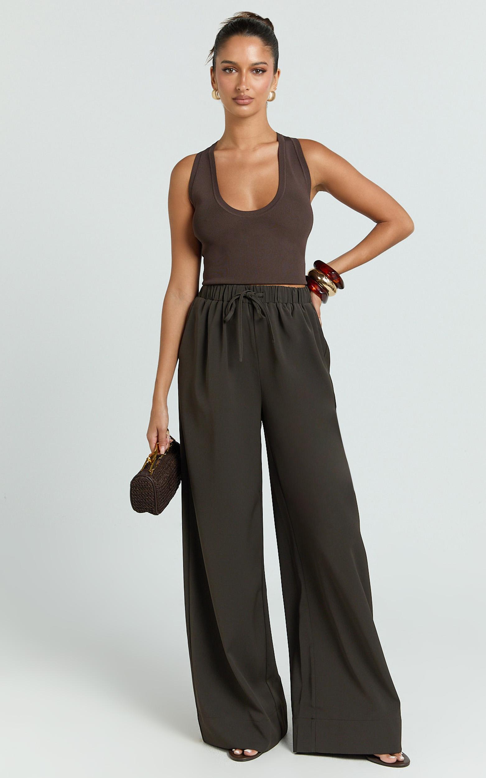 nicole pants - high waist elasticated gathered waist wide leg pants in chocolate