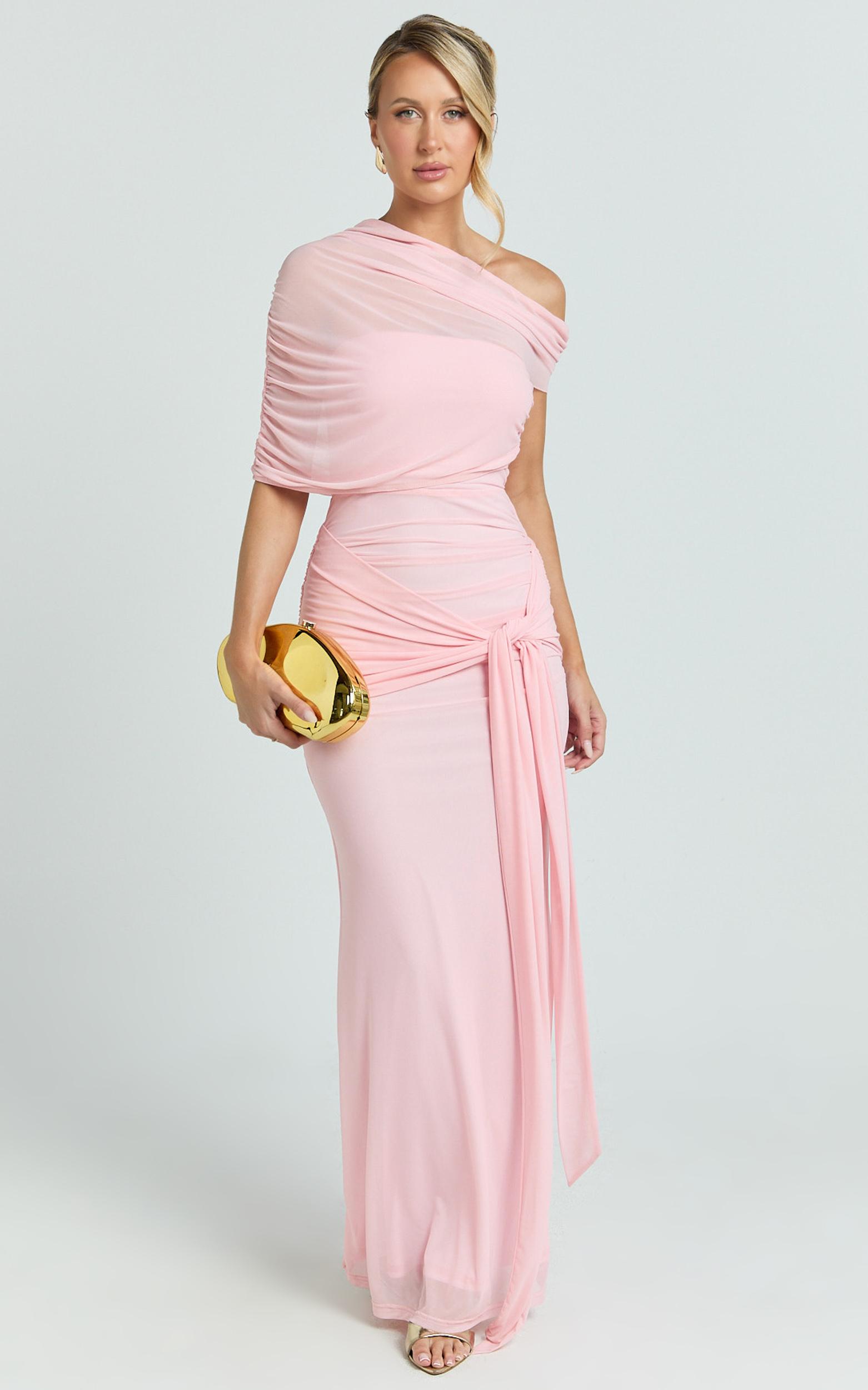 nicolette maxi dress - cape sleeve off shoulder dress in pink