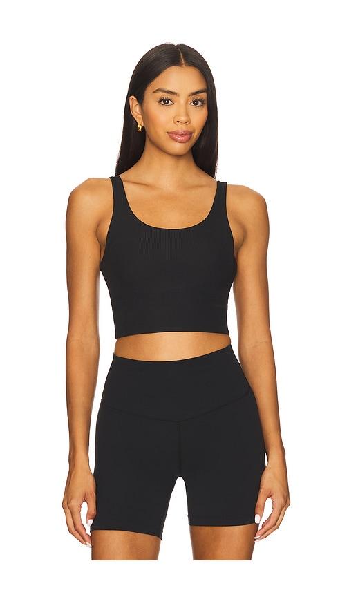 nike light support padded longline sports bra in black.