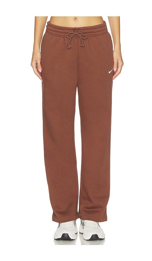nike phoenix fleece mid rise open hem pant in brown.