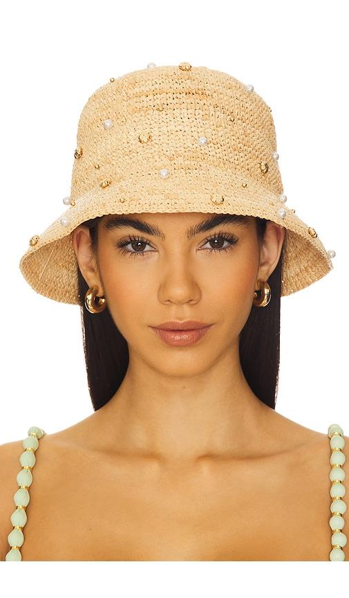 nikki beach pearle bucket hat in tan.