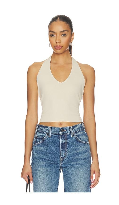 nili lotan britt halter top in beige.