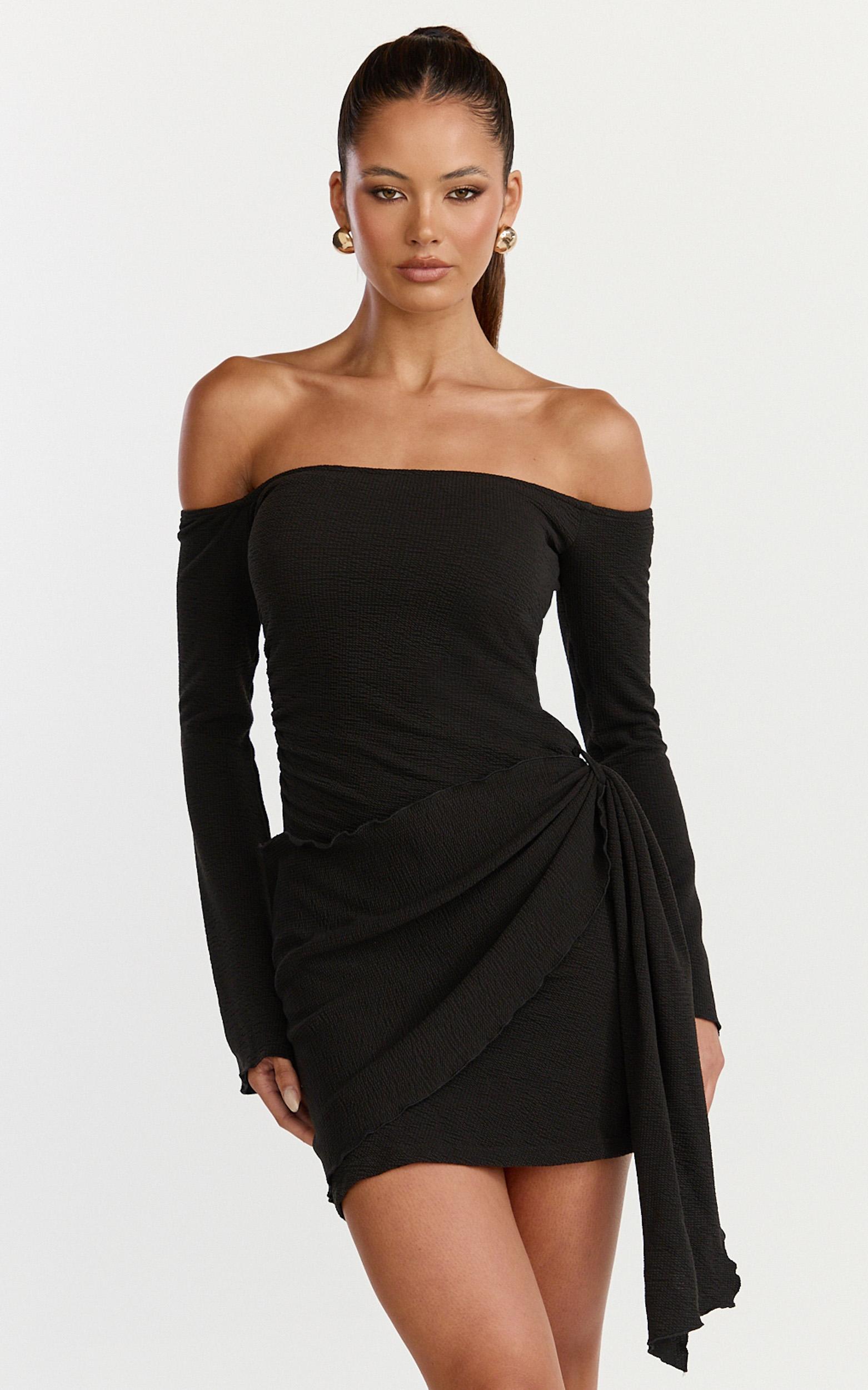noah mini dress - off shoulder draped skirt jersey dress in black