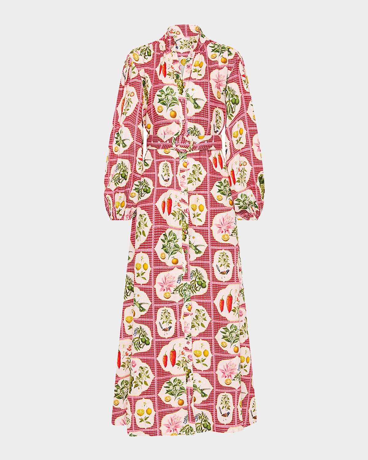 noddy belted tile-print linen maxi shirtdress