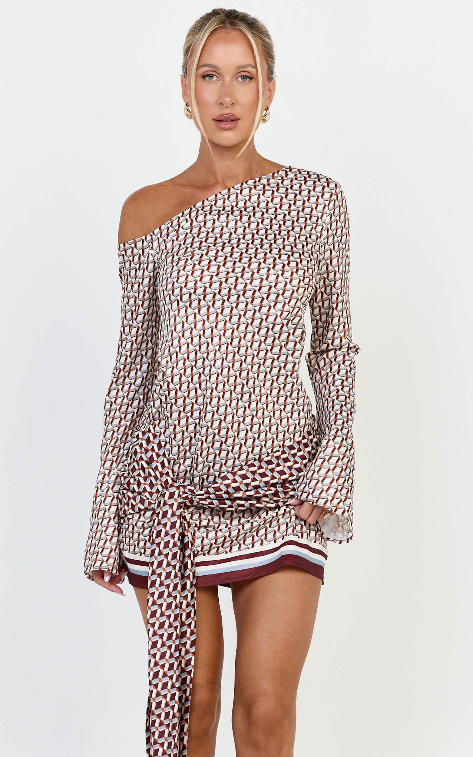 noelle mini dress - geo print off shoulder tie front dress in geo border print