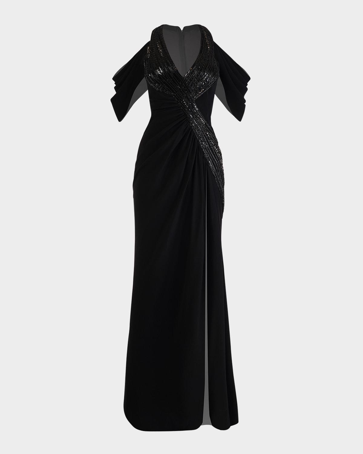 noir draped cold-shoulder gown