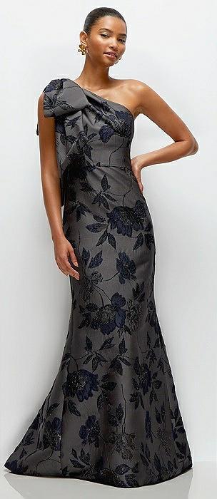 noir midnight navy bow one-shoulder floral metallic jacquard maxi dress with trumpet skirt