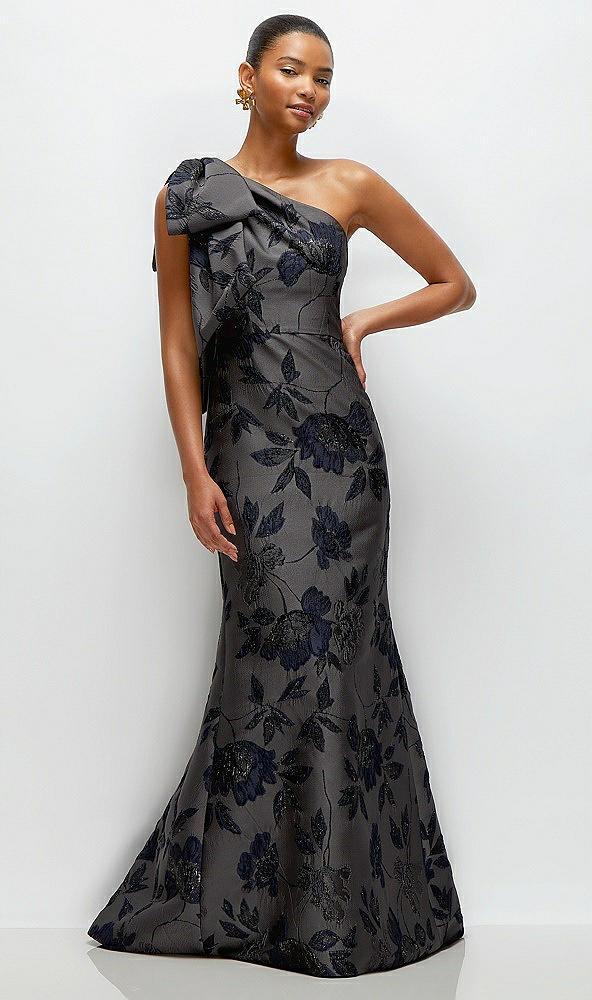 noir midnight navy bow one-shoulder floral metallic jacquard maxi dress with trumpet skirt