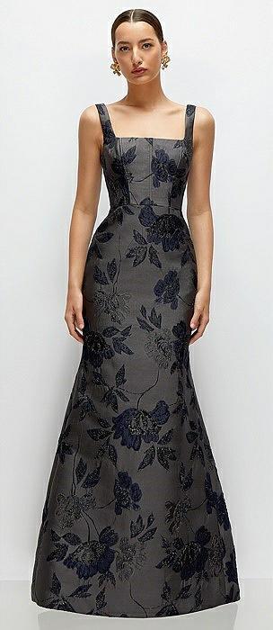 noir midnight navy floral metallic jacquard square neck maxi dress with trumpet skirt