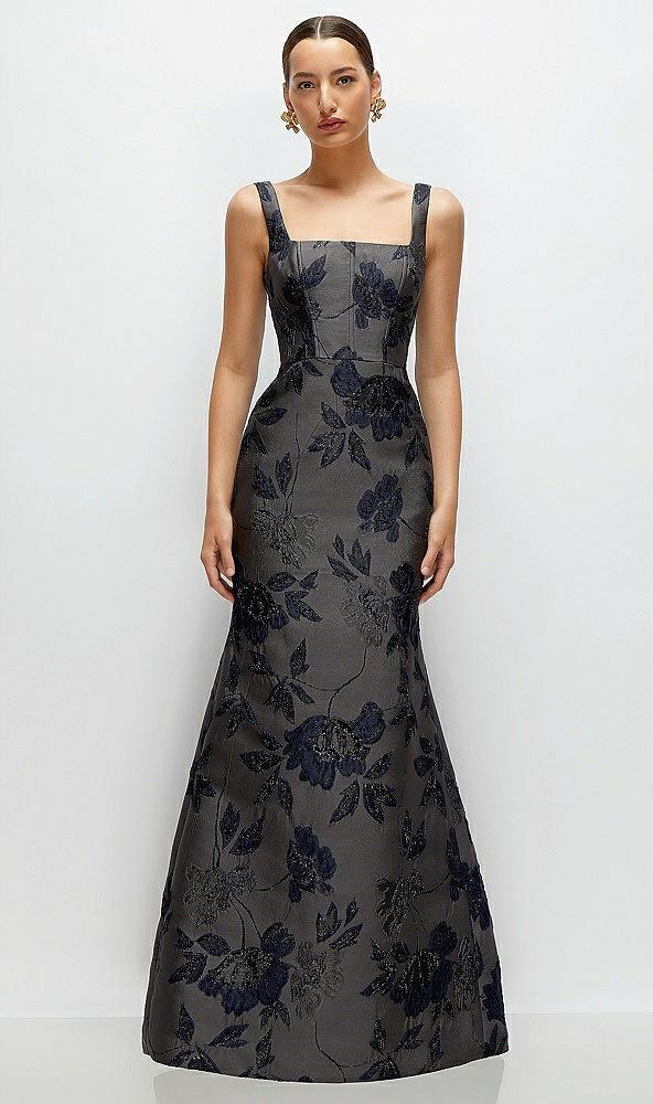 noir midnight navy floral metallic jacquard square neck maxi dress with trumpet skirt