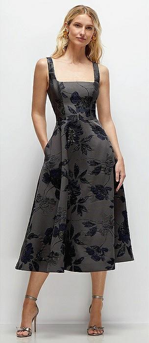 noir midnight navy square neck floral metallic jacquard midi dress
