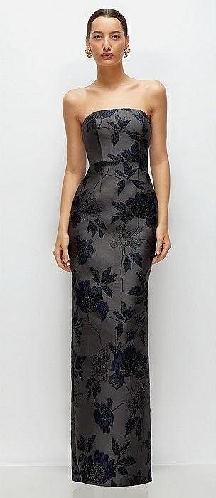 noir midnight navy strapless floral metallic jacquard column dress with back slit