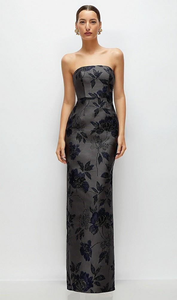 noir midnight navy strapless floral metallic jacquard column dress with back slit