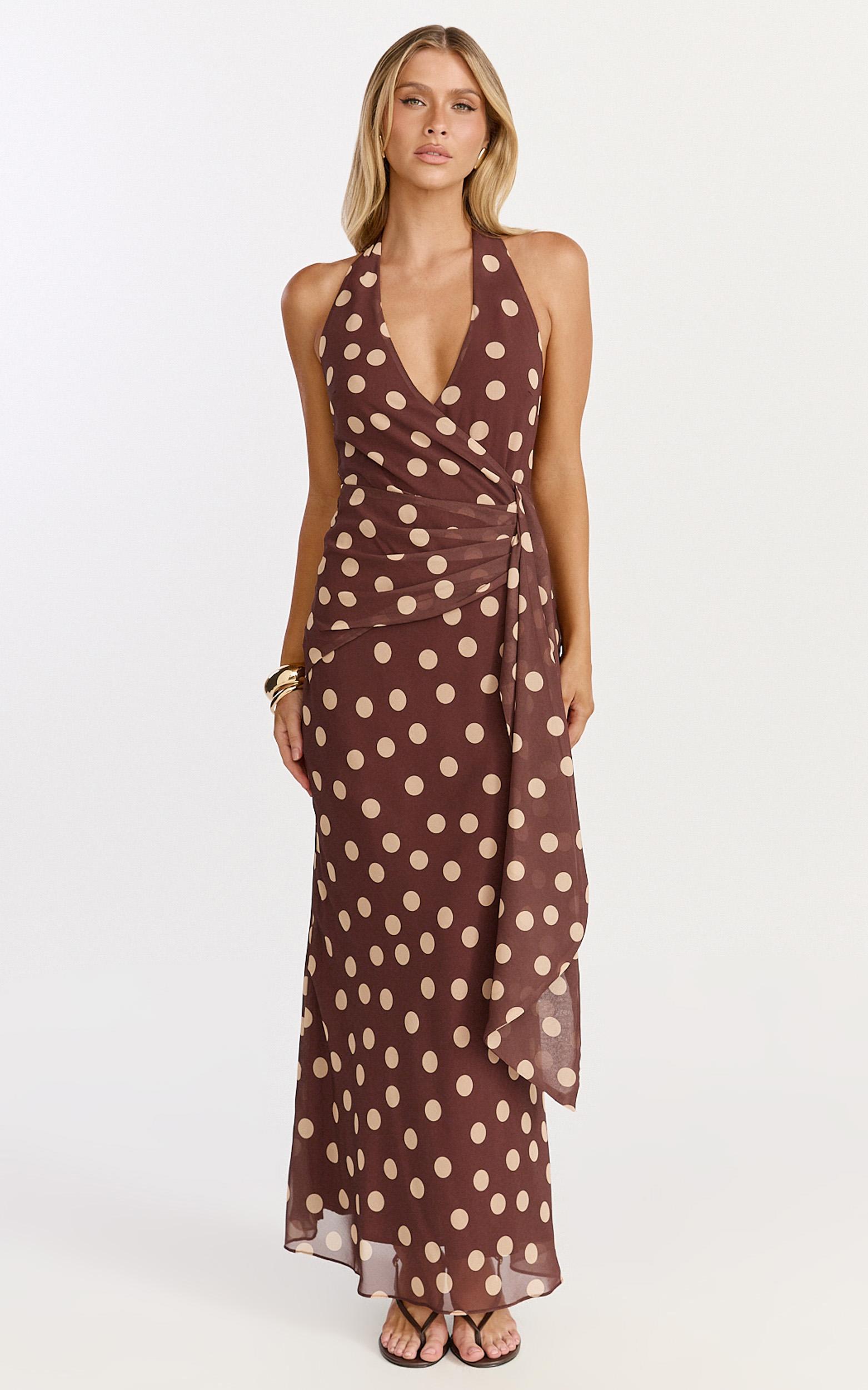 nola maxi dress - polkadot halter dress in choc polka
