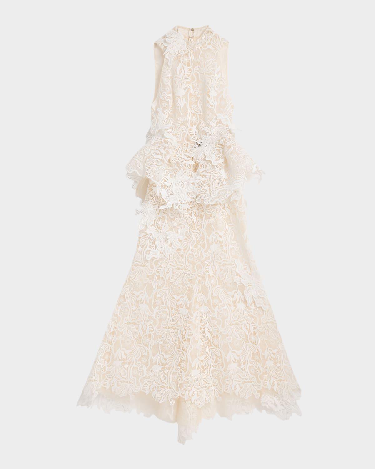nomad high-low floral lace halter gown
