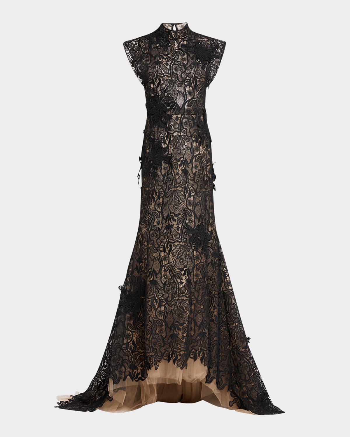 nomad sleeveless floral lace high-low gown