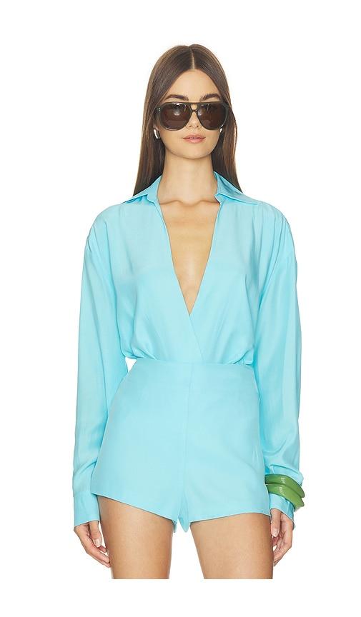 nonchalant label valen silk bodysuit in blue.