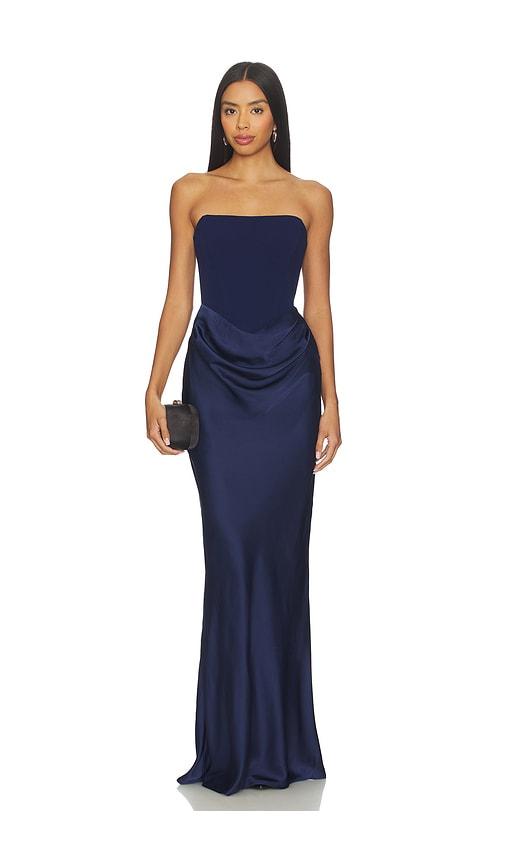 nookie chiara strapless gown in navy.