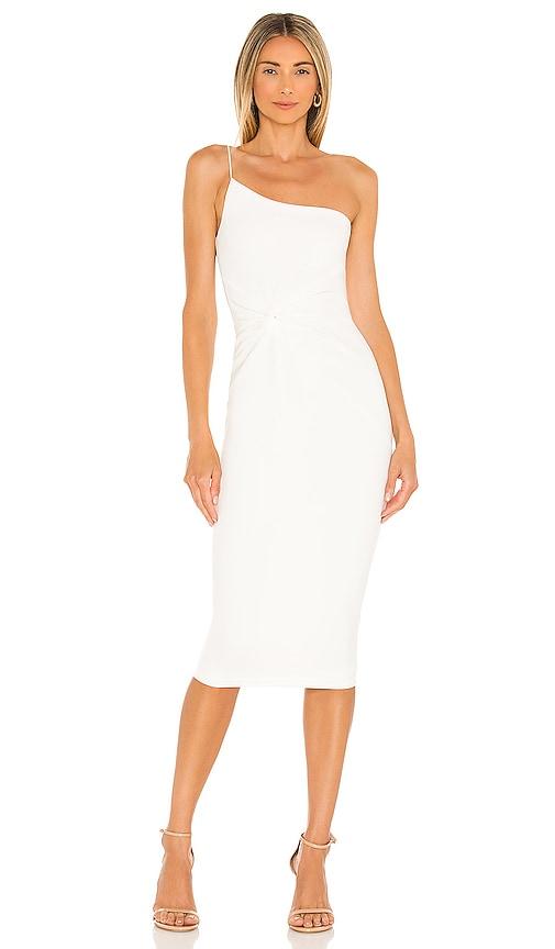 nookie lust one shoulder midi dress in white.